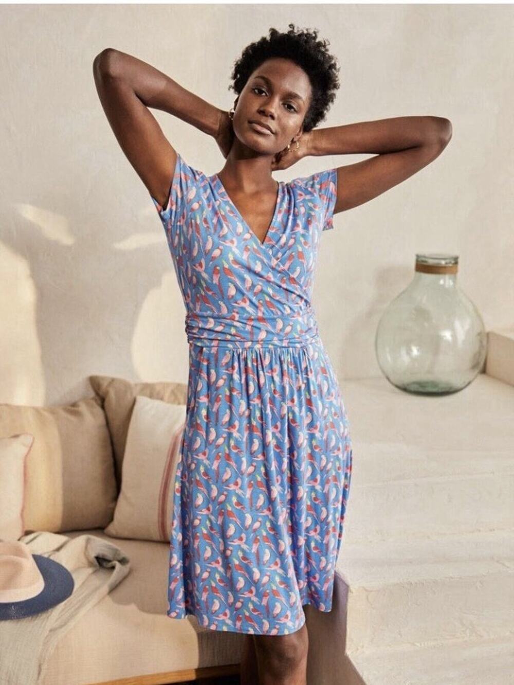 Boden Blue and Pink Parrot Print Wrap Mini Dress - Size 8 US